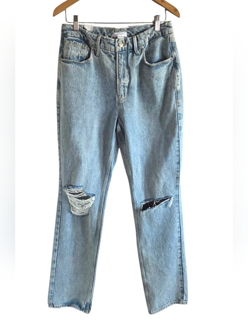 Good American Straight Leg Jeans 10/30 Light Wash Distressed High Rise - Picture 3 of 9